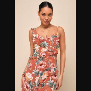 NWT Lulus Notable Poise Rust Floral Print Lace-Up Ruffled Maxi Dress Sz M $88.00
